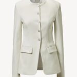 Cream collarless blazer with buttons and front pockets