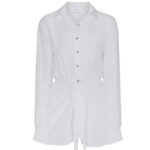 White button-front shirt dress with long sleeves and a tie waist