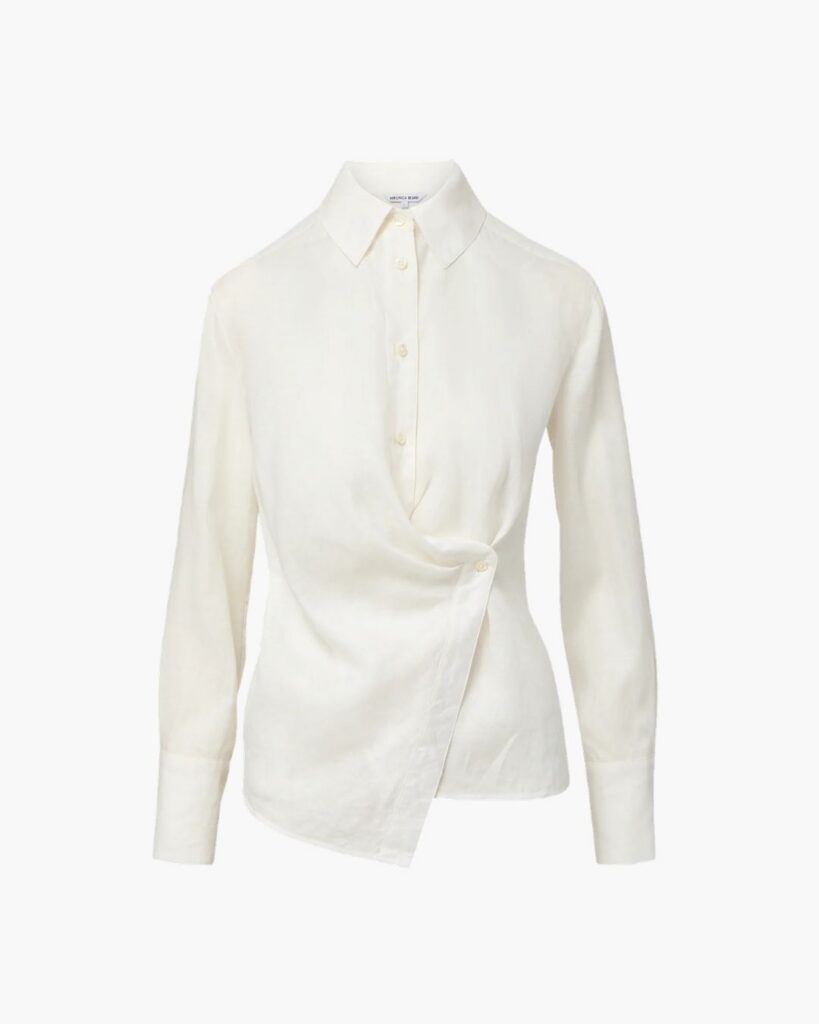 Ivory long-sleeve blouse with a draped waist