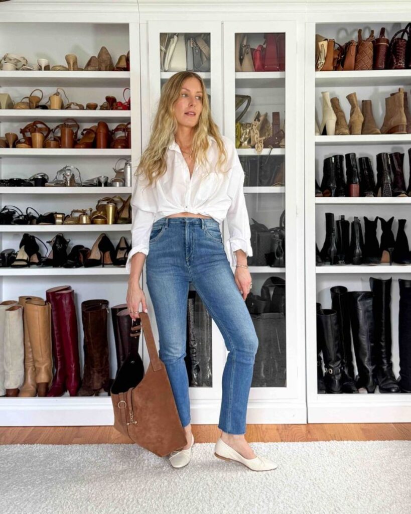 White blouse, blue jeans, and brown tote styled for a closet refresh
