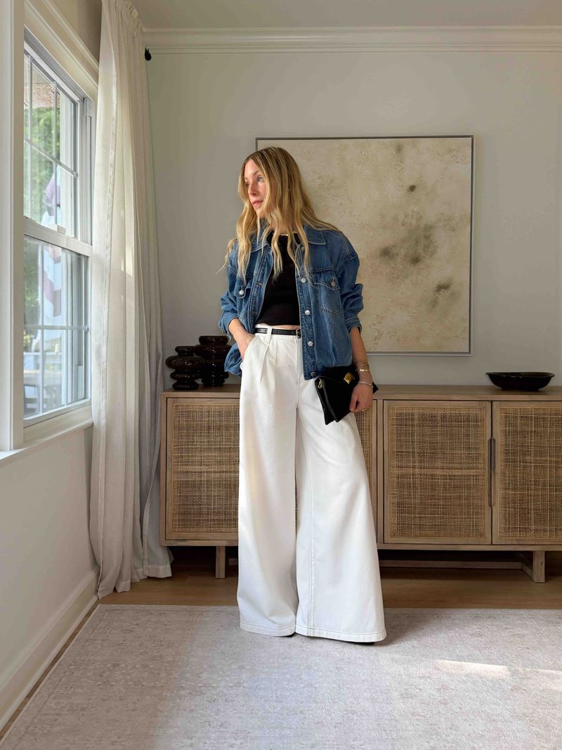 Personal stylist wearing an Amazon fashion find with white pants and a denim jacket