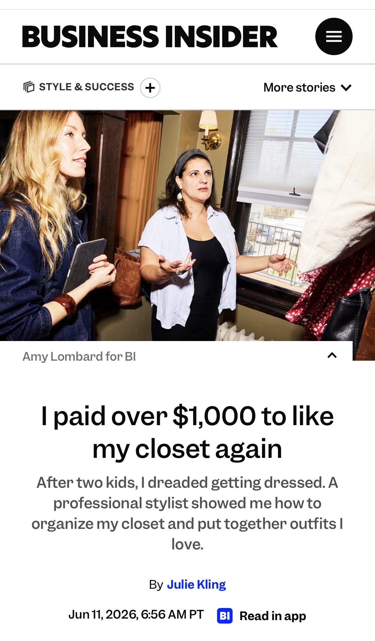 Personal stylist Amy Lambard featured in a fashion article about closet organization